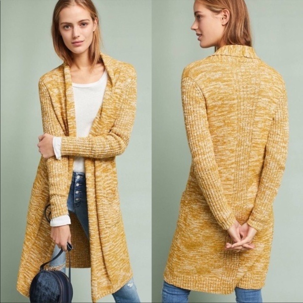 Anthropologie Abigail Marled Cardigan Yellow Duster Knit Longline Sweater Sz SM